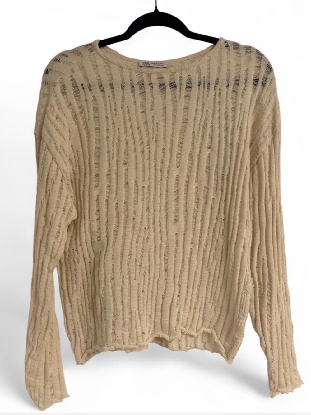 Zara Beige Distressed Ribbed Crew Sweater